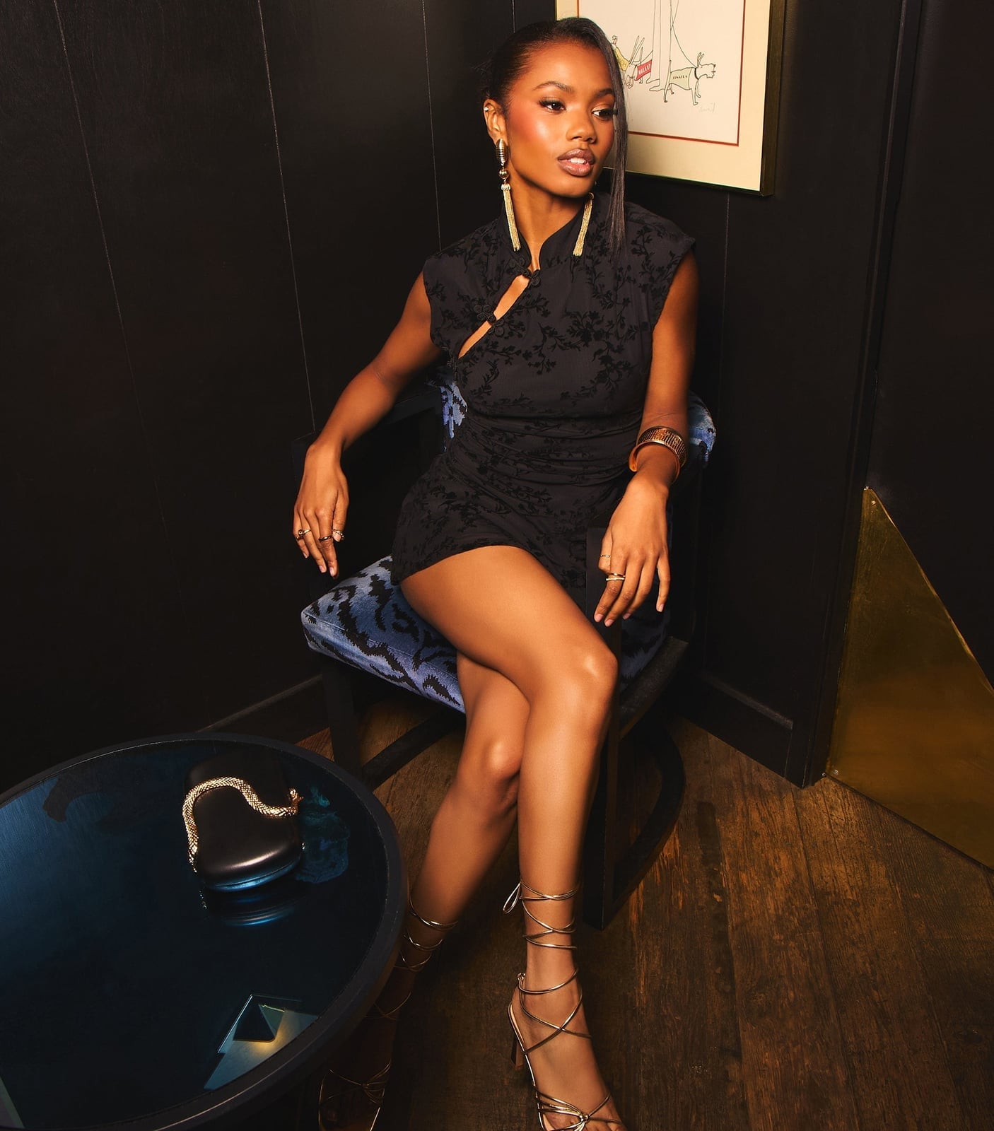 Black Textured Floral Print Mini Dress with Cut-Out — Night Club Outfit