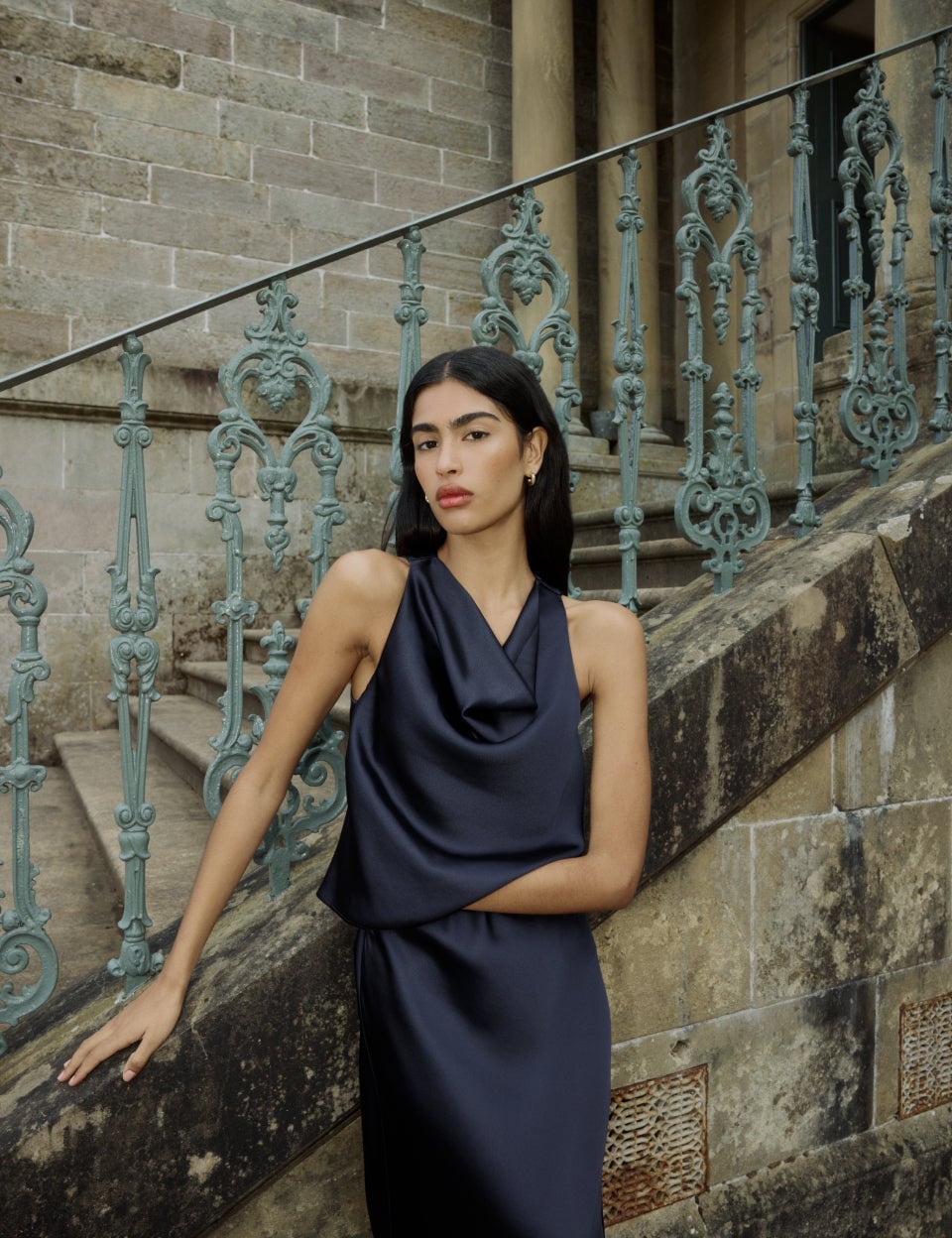 Navy Satin Cowl Neck Top and Midi Skirt Set — Night Out Outfits