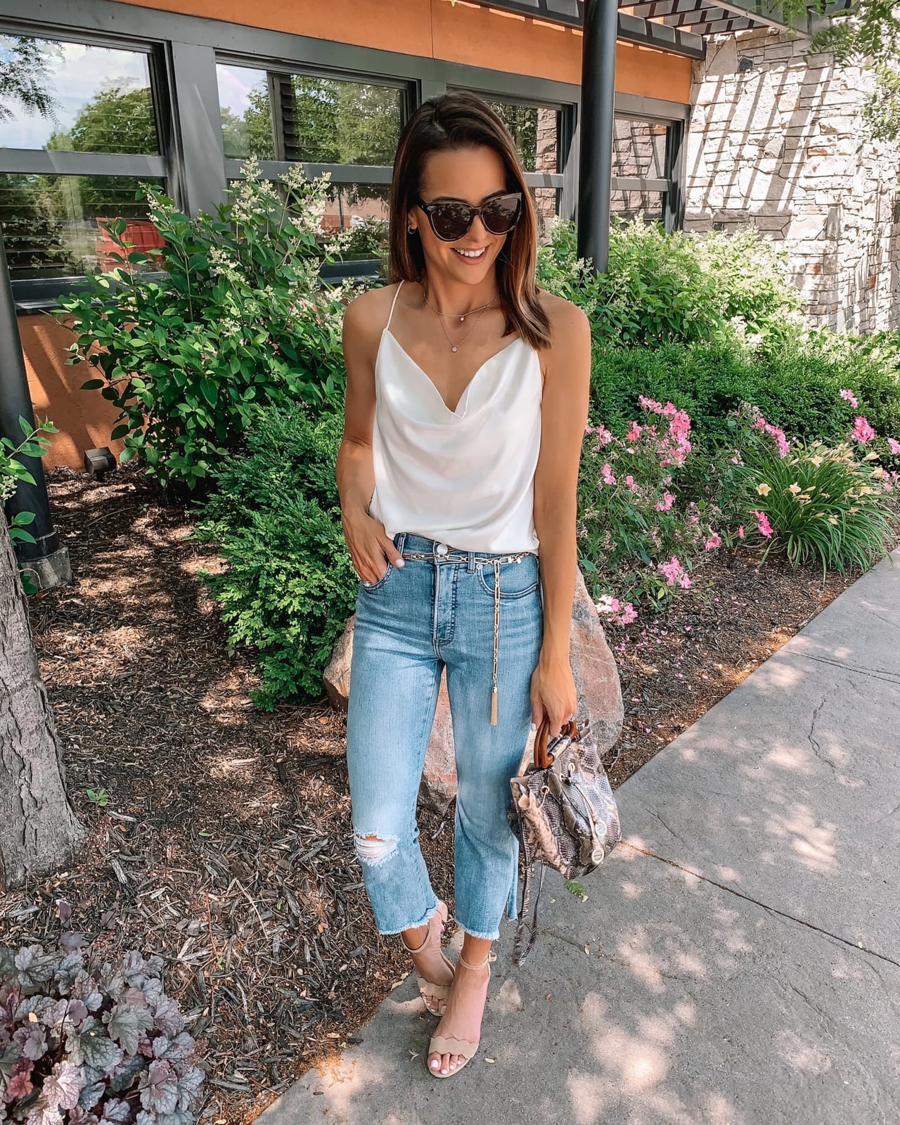 Satin Cowl Neck Camisole with Ripped Jeans and Nude Heeled Sandals — Night Out Outfits