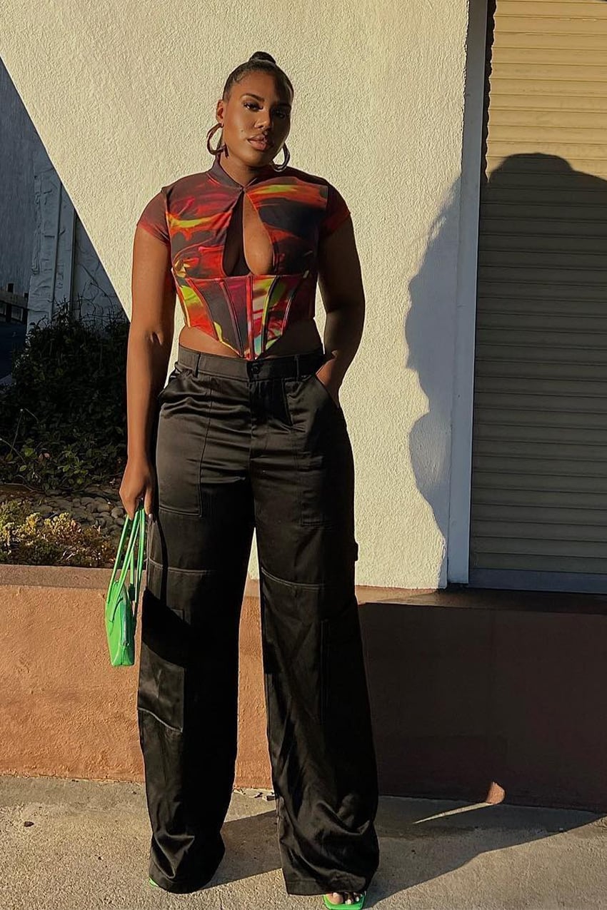Graphic Print Corset Top with Satin Cargo Pants — Night Out Outfits