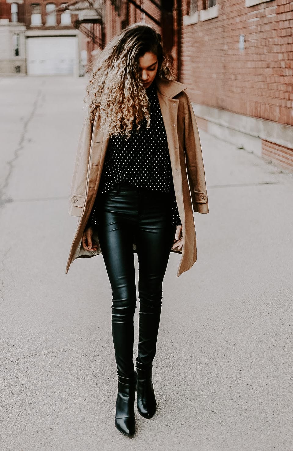 Black Leather Pants with Polka Dot Blouse and Camel Coat — Night Out Outfits