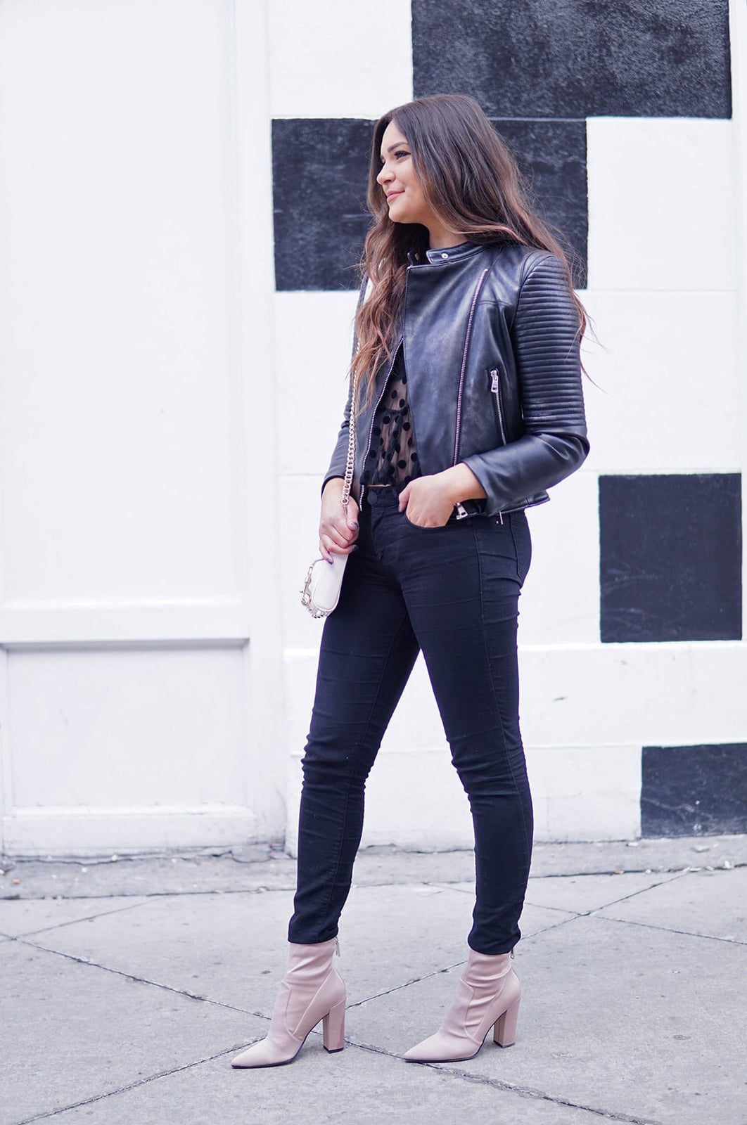 Black Leather Jacket with Printed Top and Pink Ankle Boots — Night Out Outfits