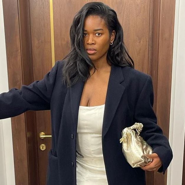Navy Blazer Over White Slip Dress with Gold Clutch — Night Out Outfits