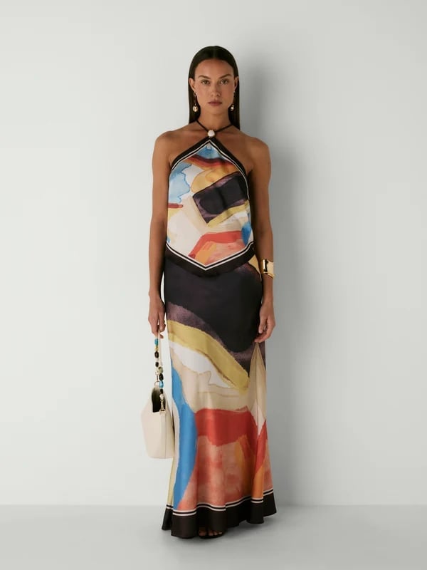 Abstract Print Scarf Top and Maxi Skirt Set, Close-Up Take — Night Out Outfits