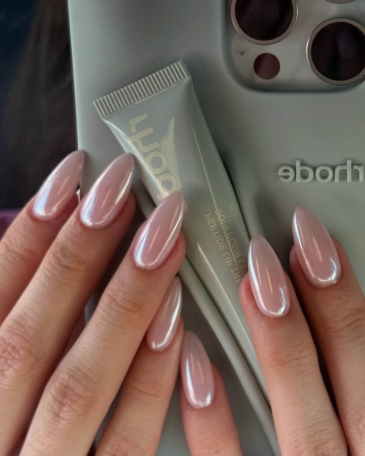 Pale Pink Nude Chrome Medium Almond Nails — Nude Chrome Nails