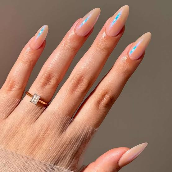 Sheer Nude Iridescent Chrome Medium Stiletto Nails — Nude Chrome Nails