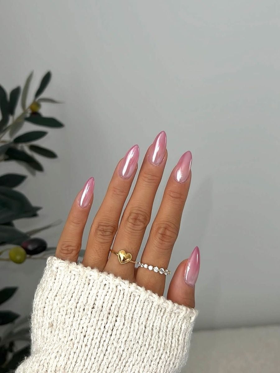 Light Pink Nude Chrome Medium Almond Nails With Full Nail Coverage — Nude Chrome Nails