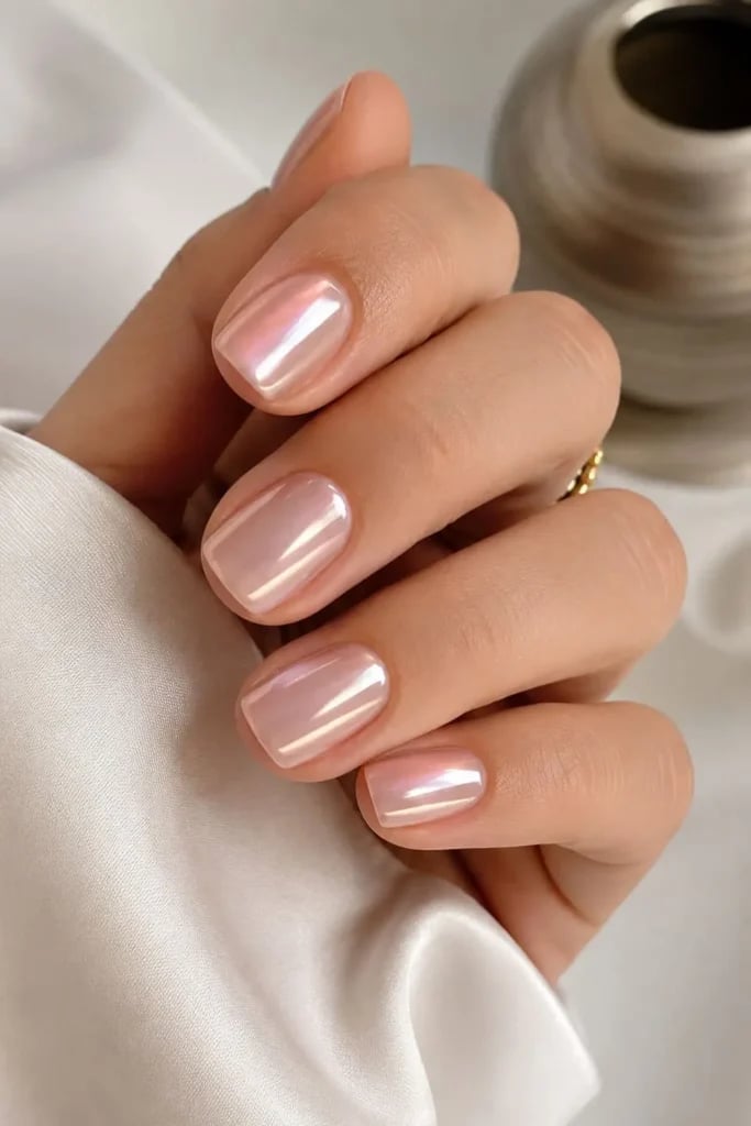 Milky Pink Nude Chrome Short Square Nails — Nude Chrome Nails