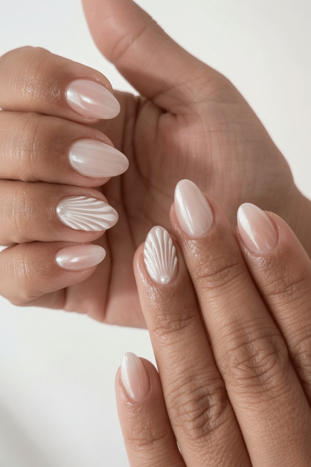 Sheer Nude Chrome with White Shell Art Medium Almond Nails — Nude Chrome Nails