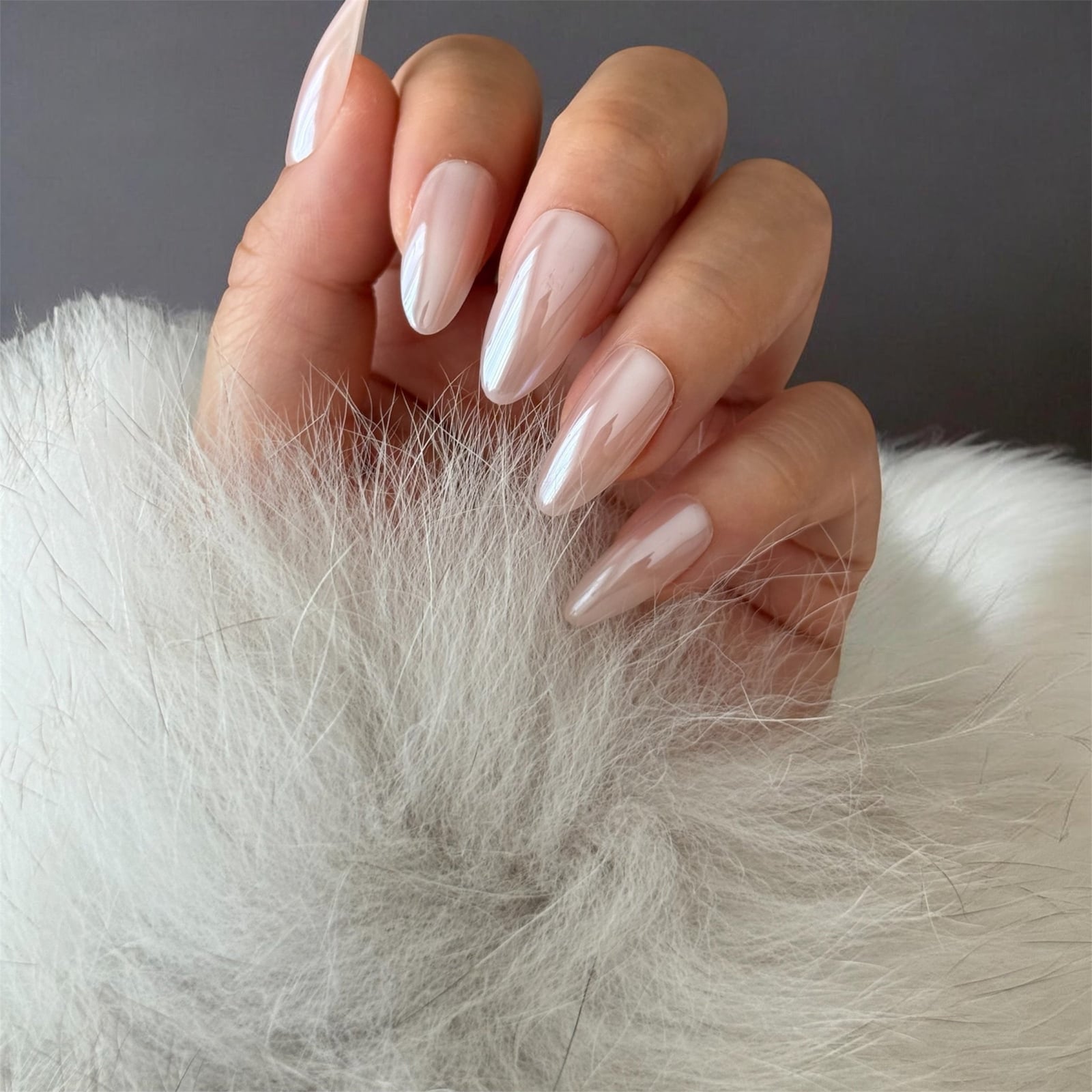 Subtle Pearlescent Nude Chrome Short Almond Nails — Nude Chrome Nails