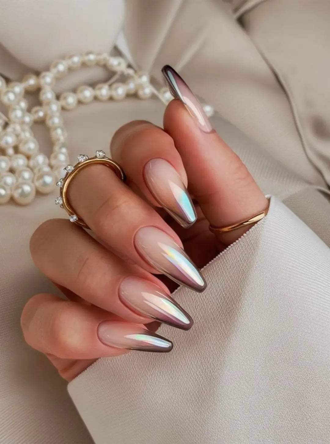 Iridescent Chrome French Tip Long Almond Nails — Nude Chrome Nails