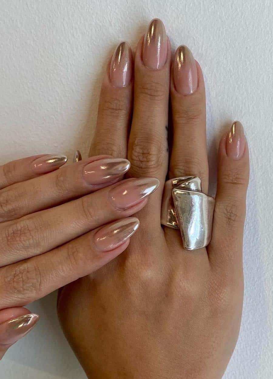 Sheer Nude Metallic Chrome Tip Long Almond Nails — Nude Chrome Nails
