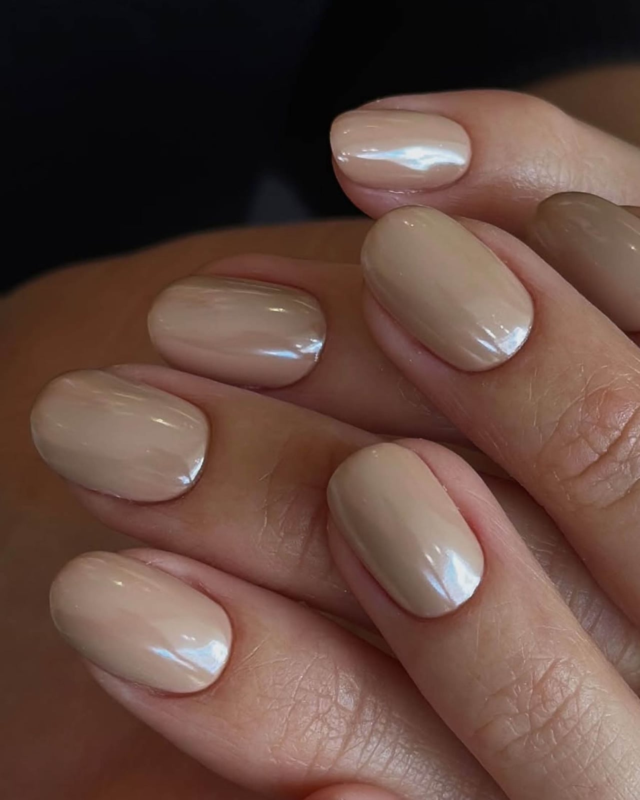 Beige Nude Pearly Chrome Short Soft Square Nails — Nude Chrome Nails