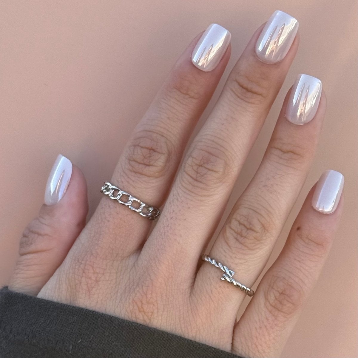Sheer Nude Pearlescent Chrome Short Square Nails, Close-Up Take — Nude Chrome Nails