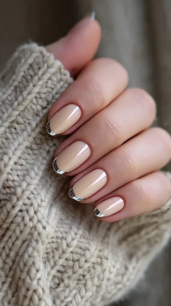 Neutral Nude Thin Chrome French Tip Short Oval Nails — Nude Chrome Nails
