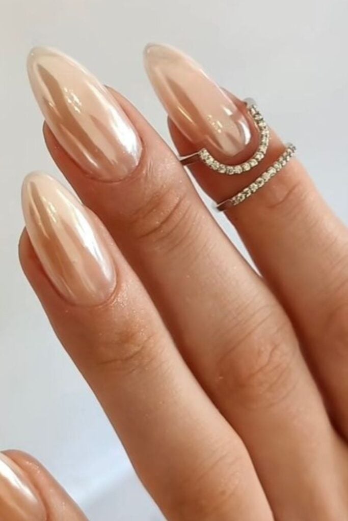 Pearlescent Nude Chrome Long Almond Nails — Nude Chrome Nails