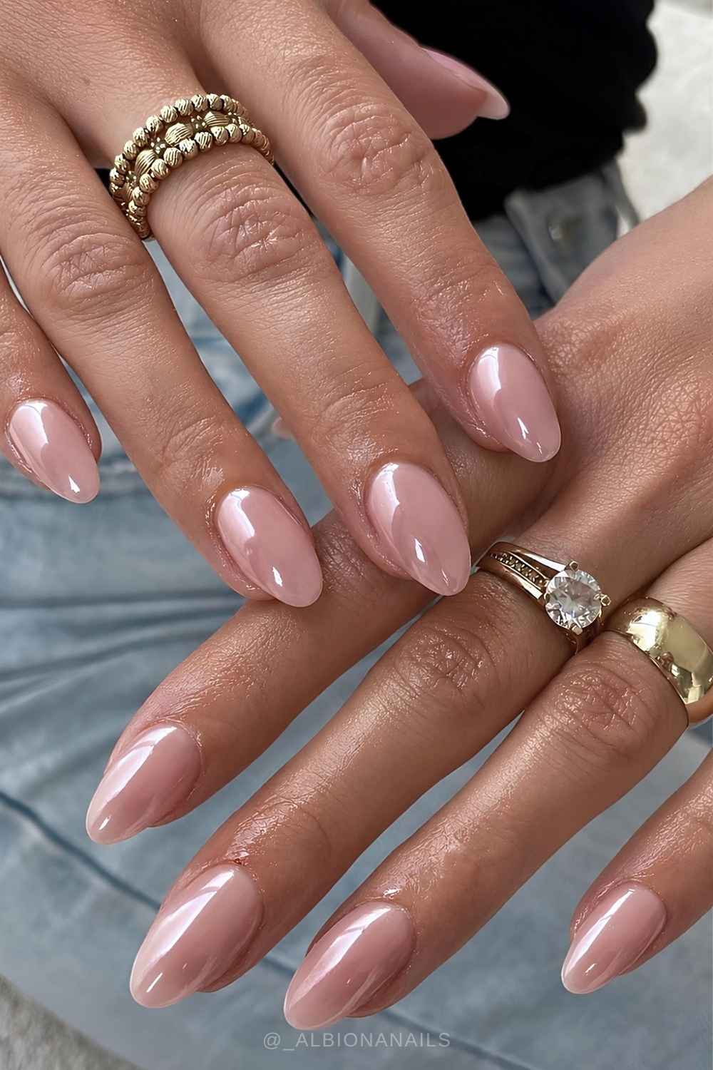 Milky Nude Chrome Sheen Short Almond Nails — Nude Chrome Nails