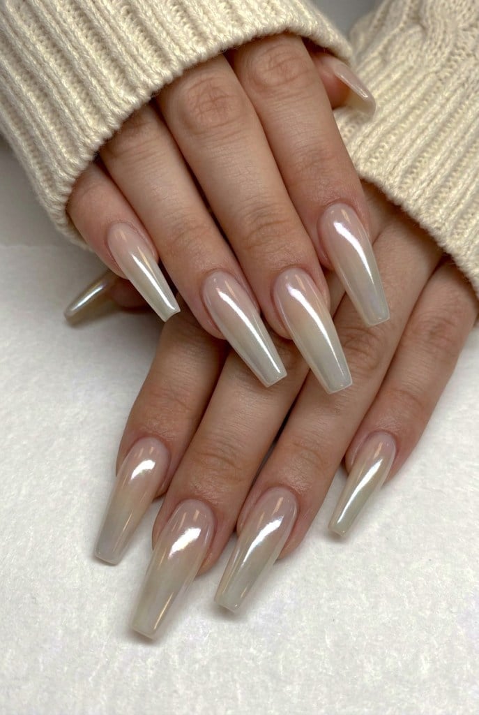 Milky Iridescent Sheer Nude Chrome Long Coffin Nails — Nude Chrome Nails