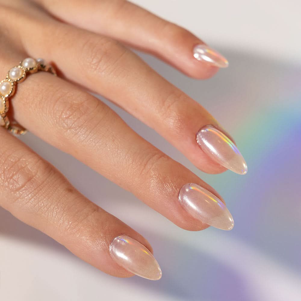 Sheer Nude Chrome Cuticle Accents Medium Almond Nails — Nude Chrome Nails