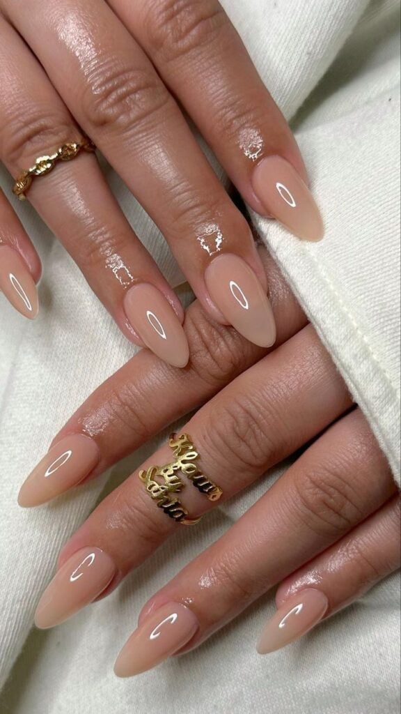 Rich Nude With Warm Undertones Sharp Almond Nails — Nude Nails