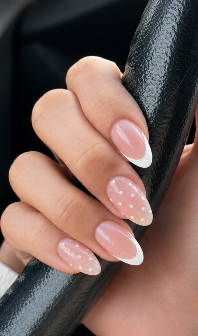 Sheer Nude With White French Tips and Polka Dots Short Almond Nails — Nude Nails