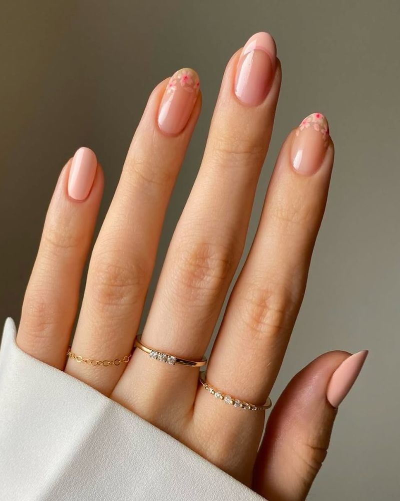Nude Pink Almond Nails With Floral French Tips — Nude Nails