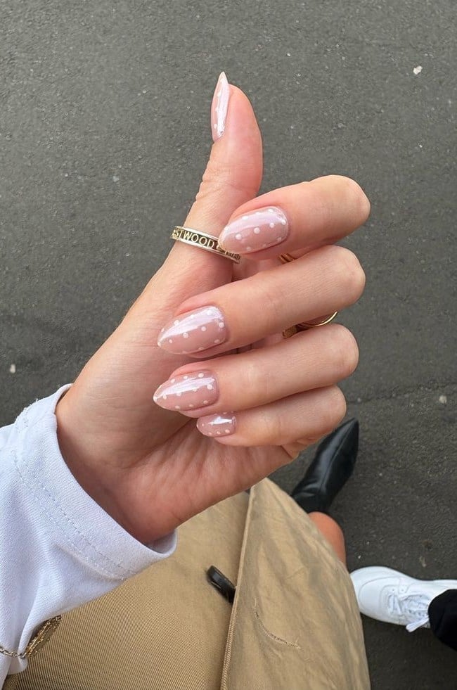 Sheer Nude With White Polka Dots Medium Almond Nails — Nude Nails