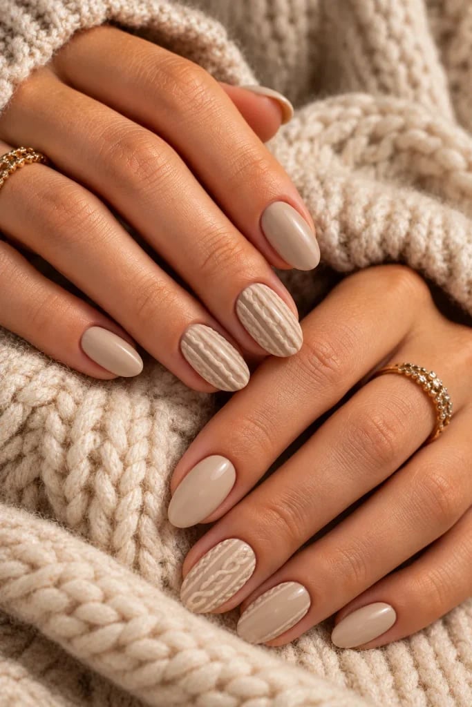 Light Beige Nude With Textured Knit Pattern Short Almond Nails — Nude Nails