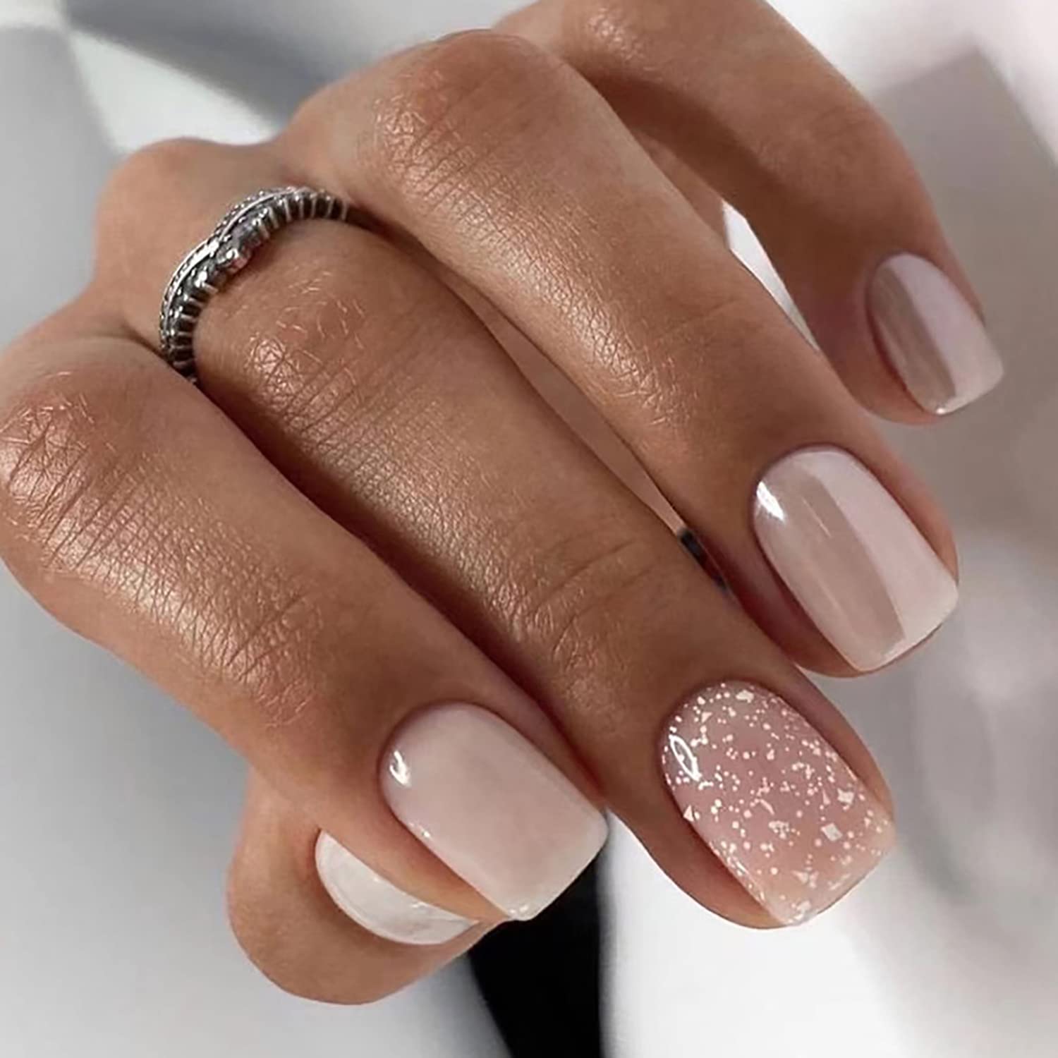 Nude Shades With Glitter Accent Short Square Nails — Nude Nails