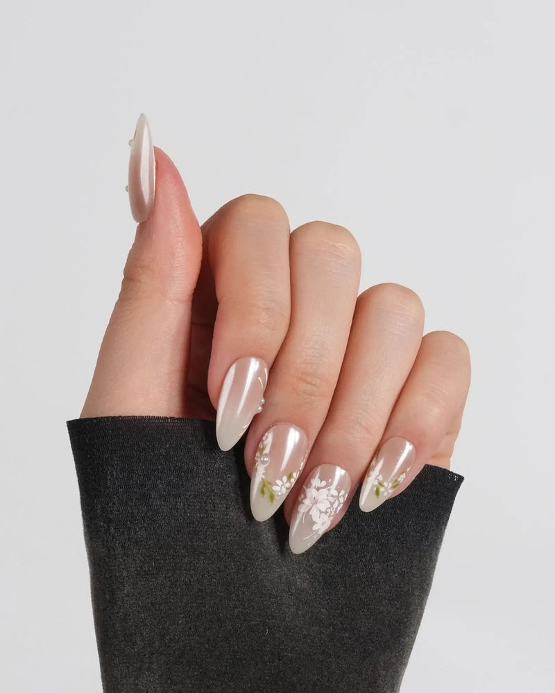 Milky White Almond Nails With Floral Art — Nude Nails