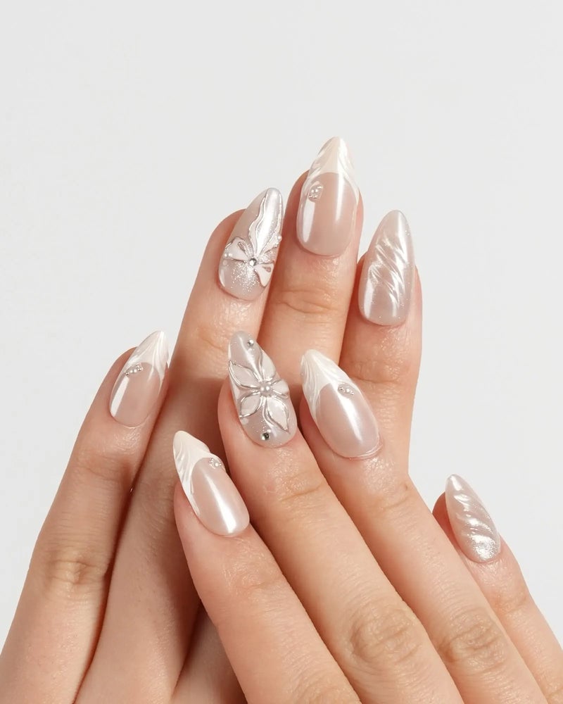 Sheer Nude Matte Velvet Almond Nails With Pearl Flowers — Nude Nails
