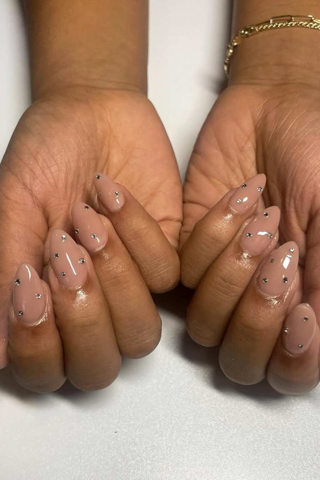 Light Pink Nude Almond Nails With Rhinestones — Nude Nails