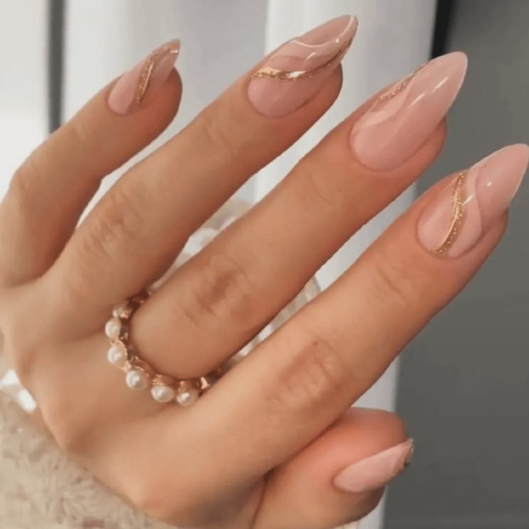 Soft Pink Nude Long Sharp Almond Nails With Gold Foil — Nude Nails