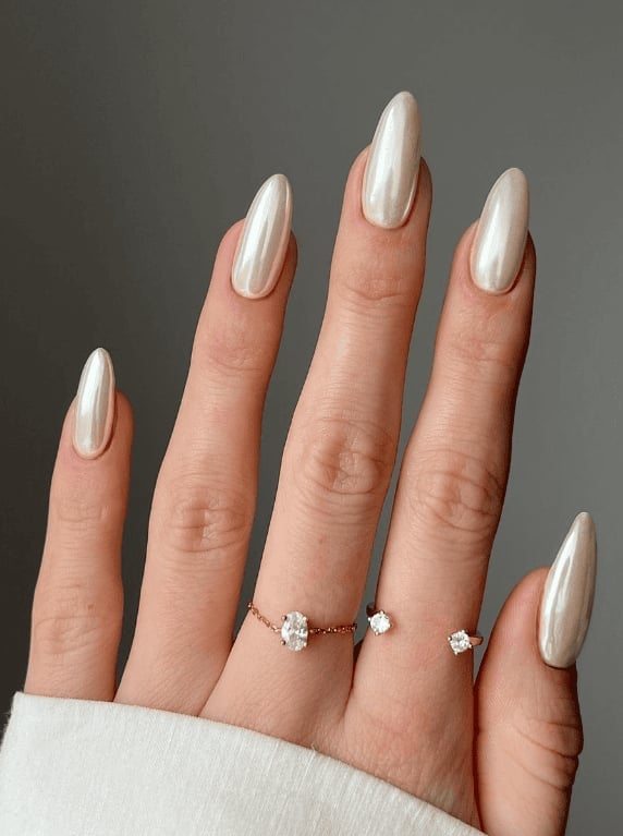 Milky White Long Almond Nails With Chrome Finish — Nude Nails