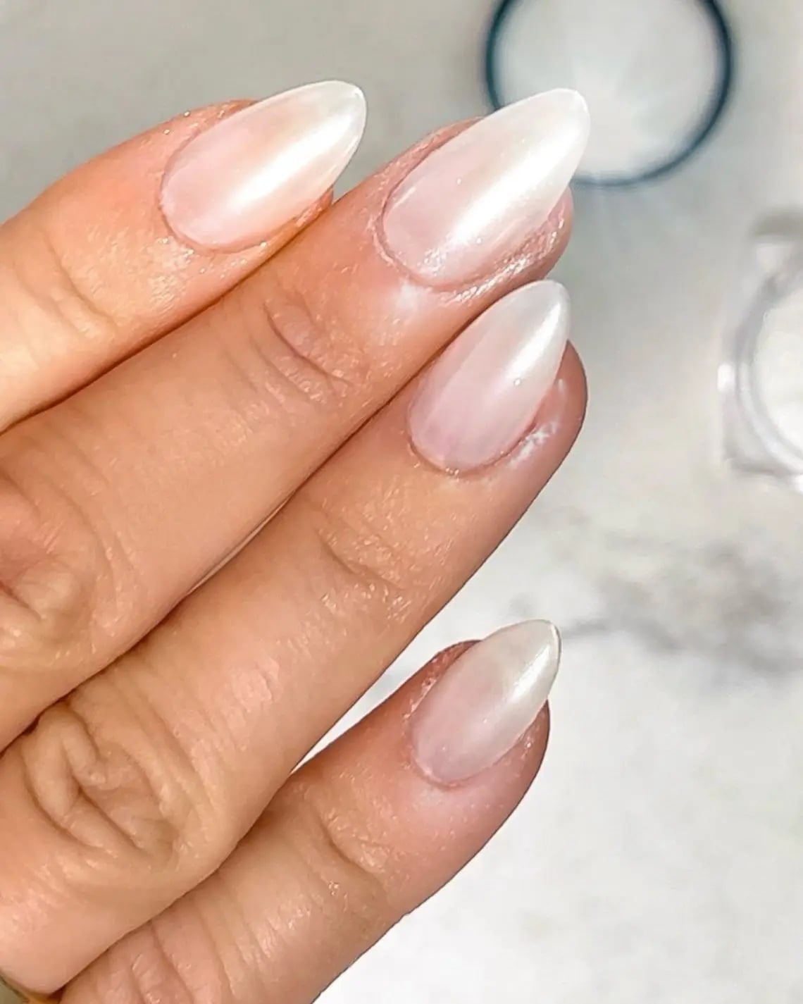 Pearlescent Milky White Medium Almond Nails — Nude Nails