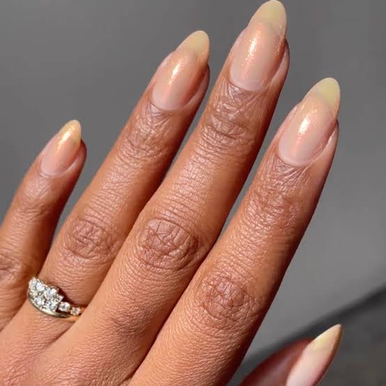 Sheer Milky Nude Medium Almond Nails With Shimmer — Nude Nails
