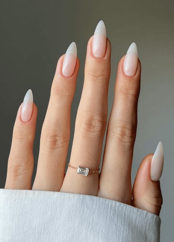 Sheer Milky Nude Long Sharp Almond Nails — Nude Nails