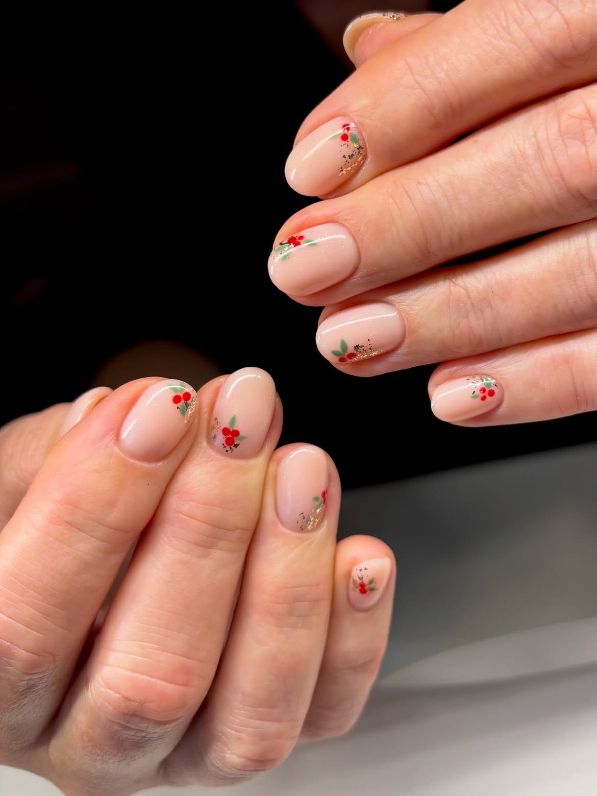 Nude Short Nails with Delicate Holly Accents