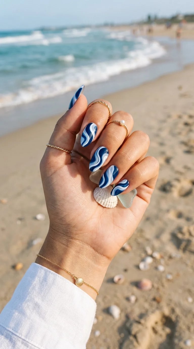Dynamic Wave Swirls Long Square Nails — Ocean Nails
