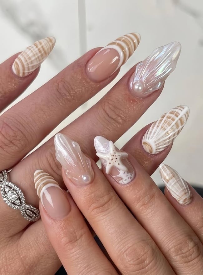 3D Shells and Pearls Nude French Stiletto Nails — Ocean Nails