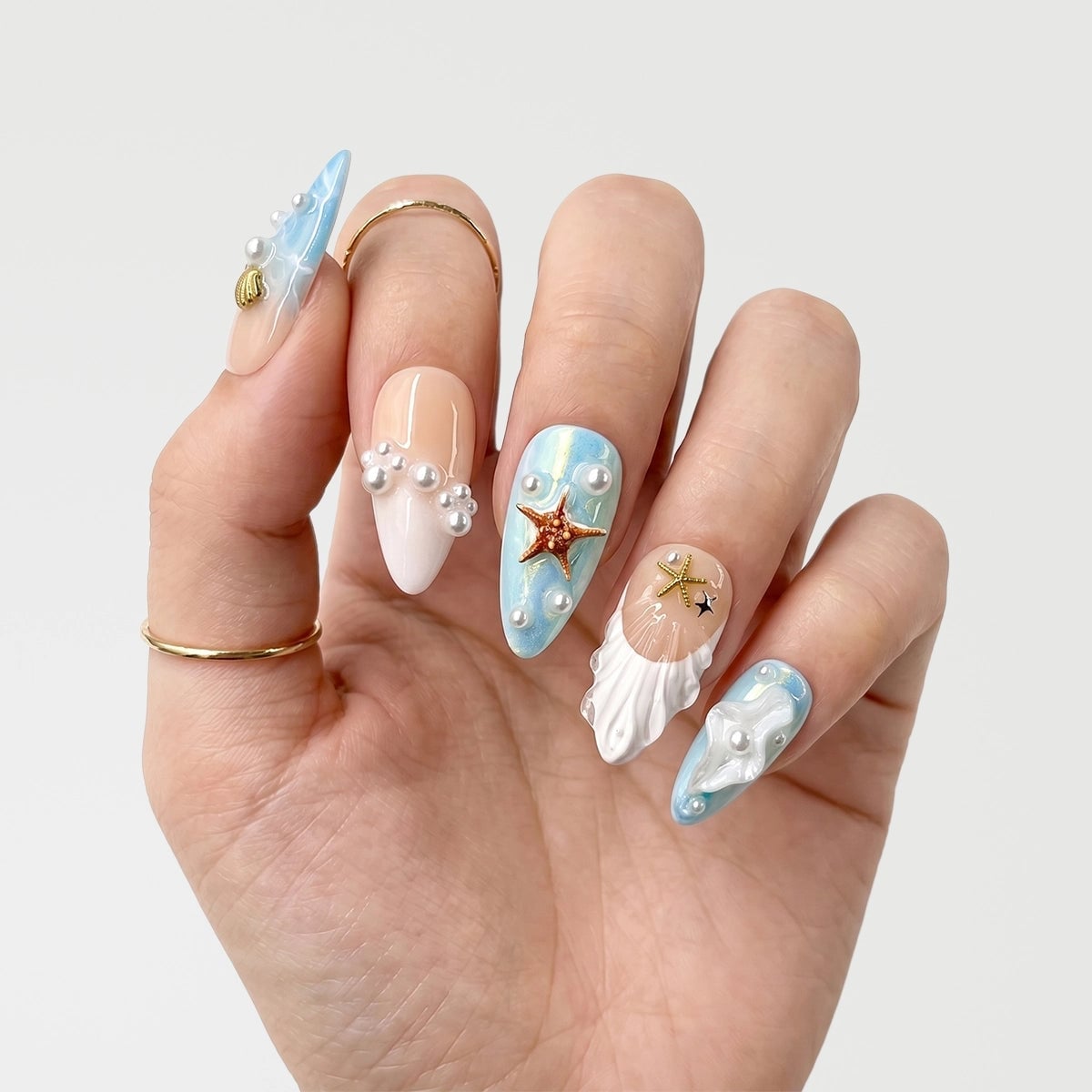 Peach Blue Gradient Pearl Starfish Almond Nails — Ocean Nails