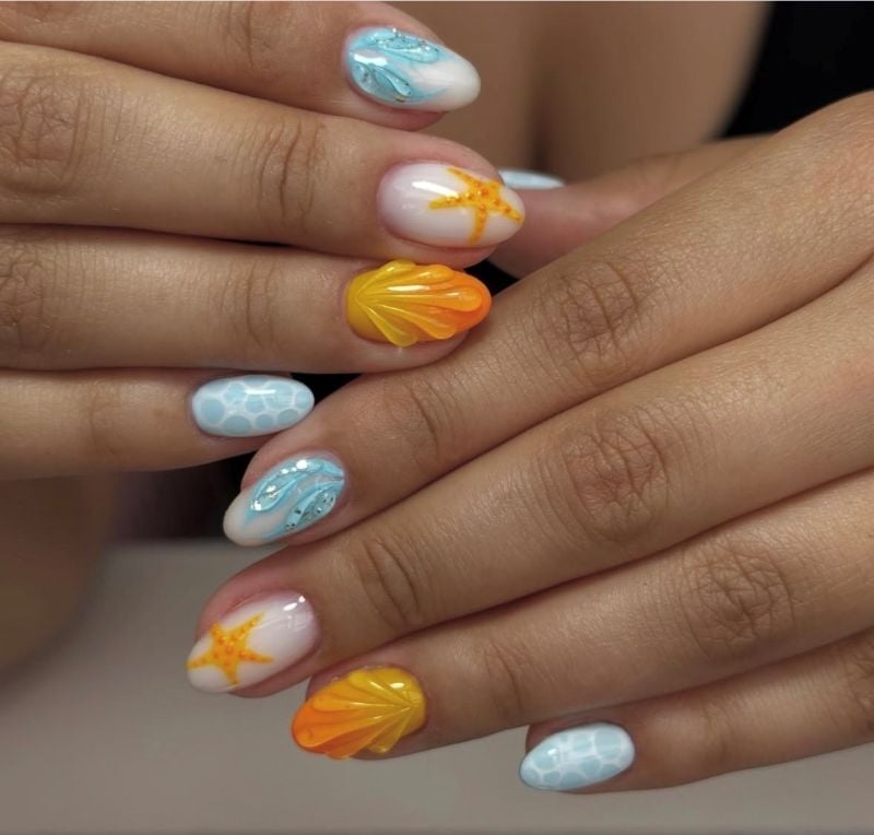 White Orange Starfish Seashell Medium Almond Nails — Ocean Nails