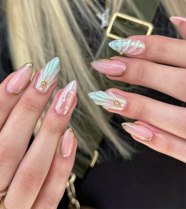 Iridescent Shell Gold French Medium Almond Nails — Ocean Nails