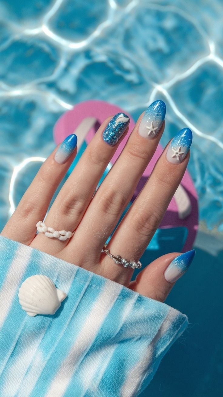 Blue White Ombre Glitter Starfish Medium Almond Nails — Ocean Nails