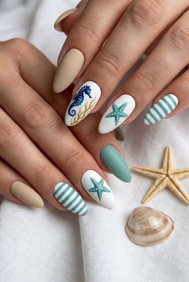 Seahorse Starfish Matte Glossy Medium Almond Nails — Ocean Nails