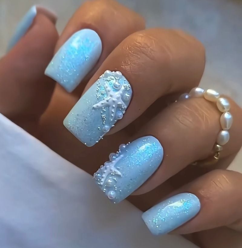 Raised Starfish Pearl Shimmer Square Nails — Ocean Nails