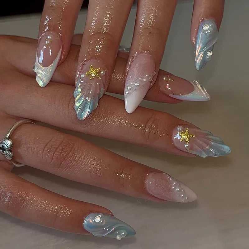 Raised Starfish Pearl Shimmer Square Nails, Close-Up Take — Ocean Nails