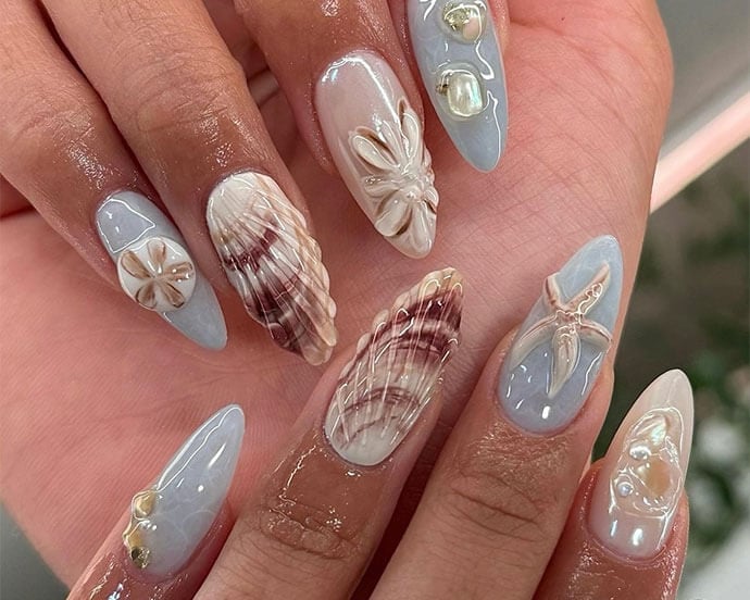 Pearlescent Light Blue 3D Seashell Almond Nails — Ocean Nails
