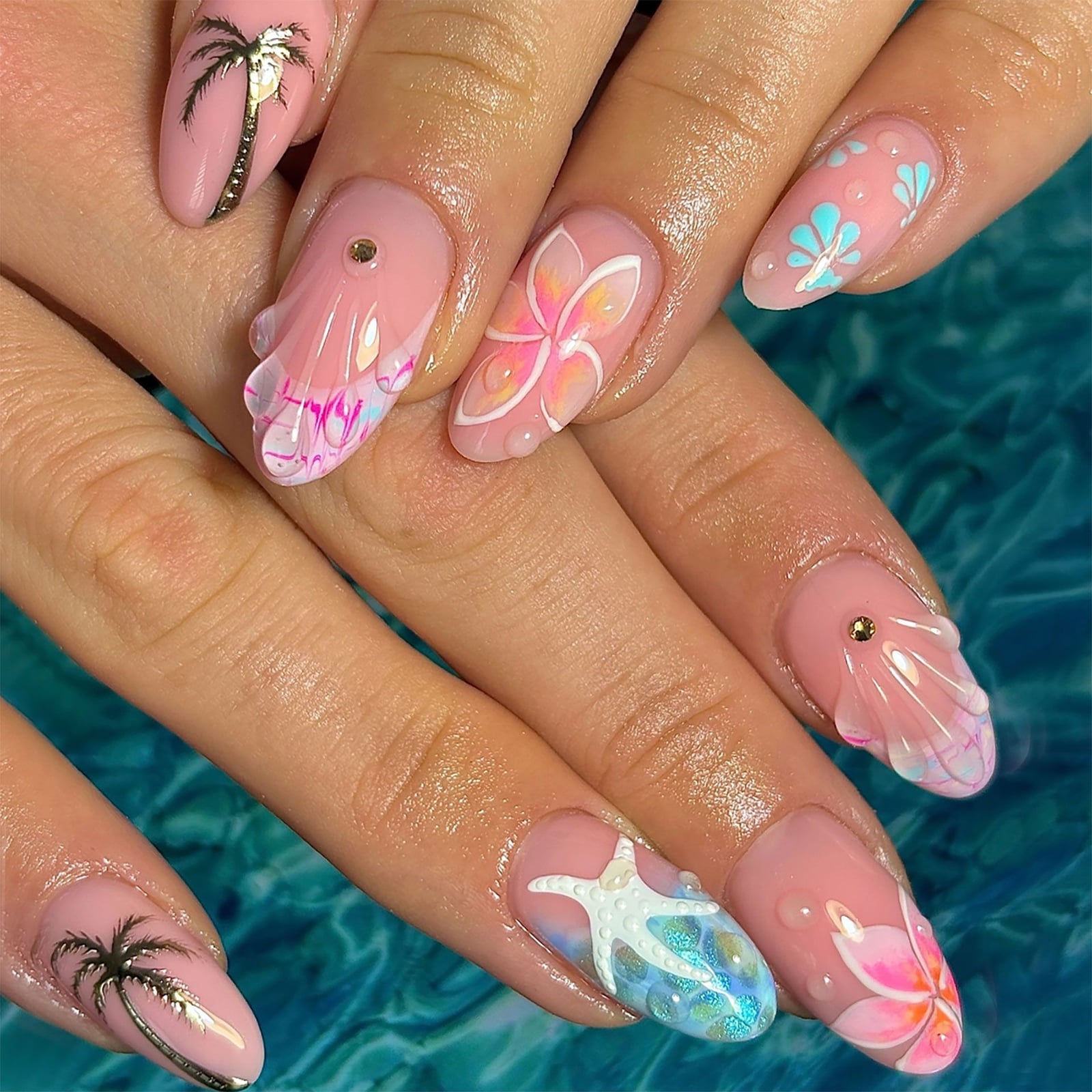 3D Floral Shell Palm Medium Almond Nails — Ocean Nails