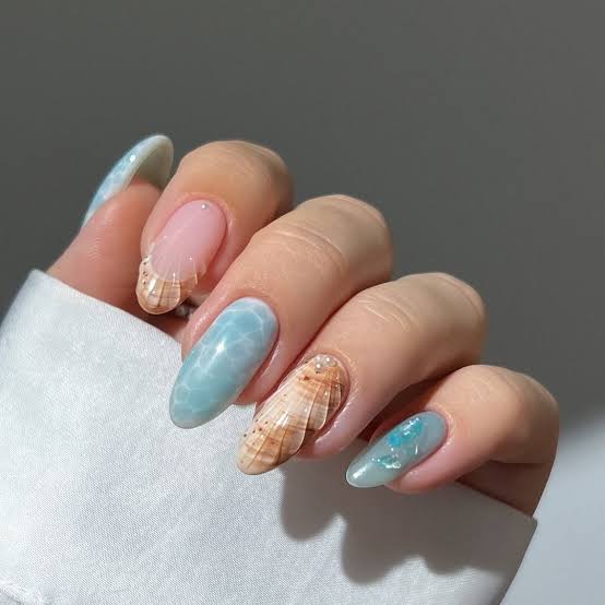 Textured Seashell Marble Medium Almond Nails — Ocean Nails